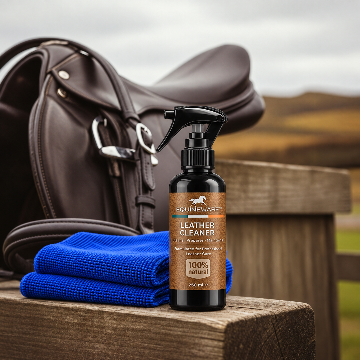 Equineware Leather Cleaner with saddle and blue cloths