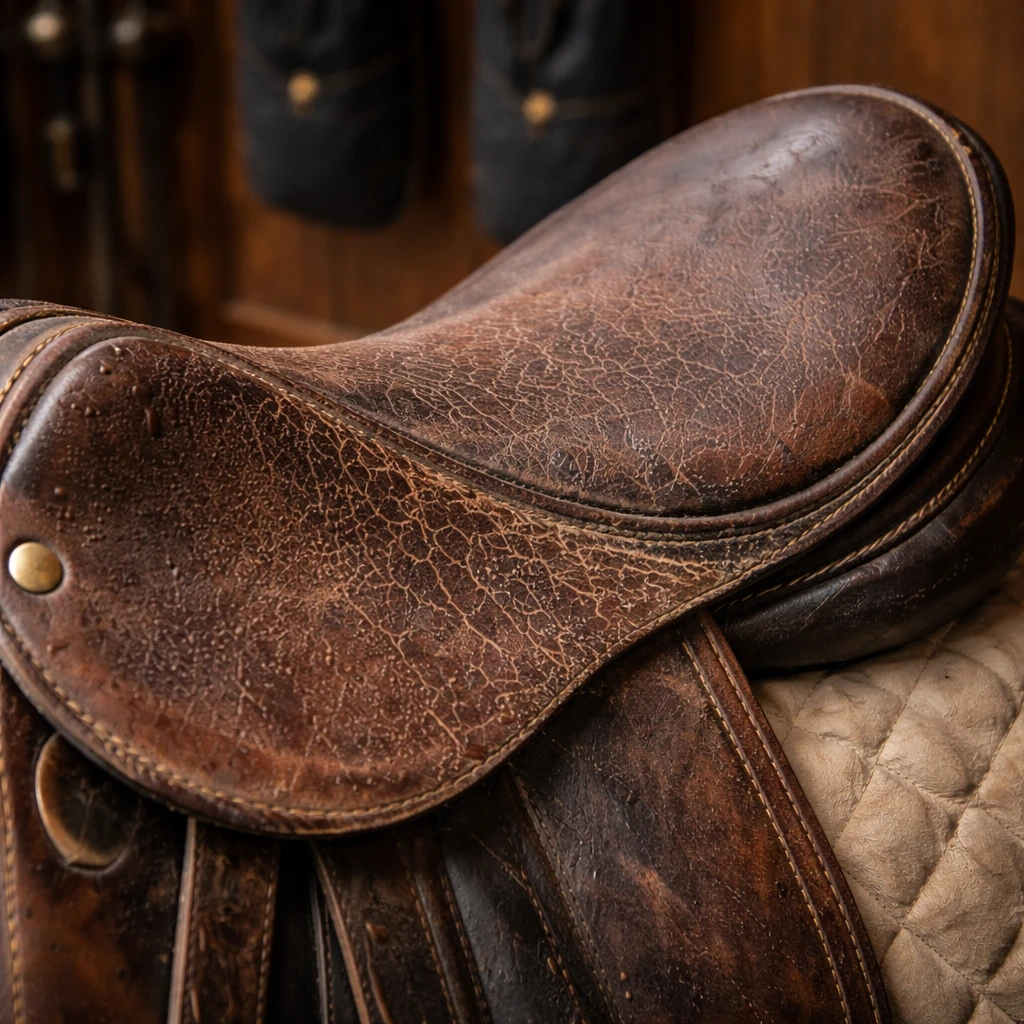 Dry cracked leather saddle showing surface damage from lack of conditioning