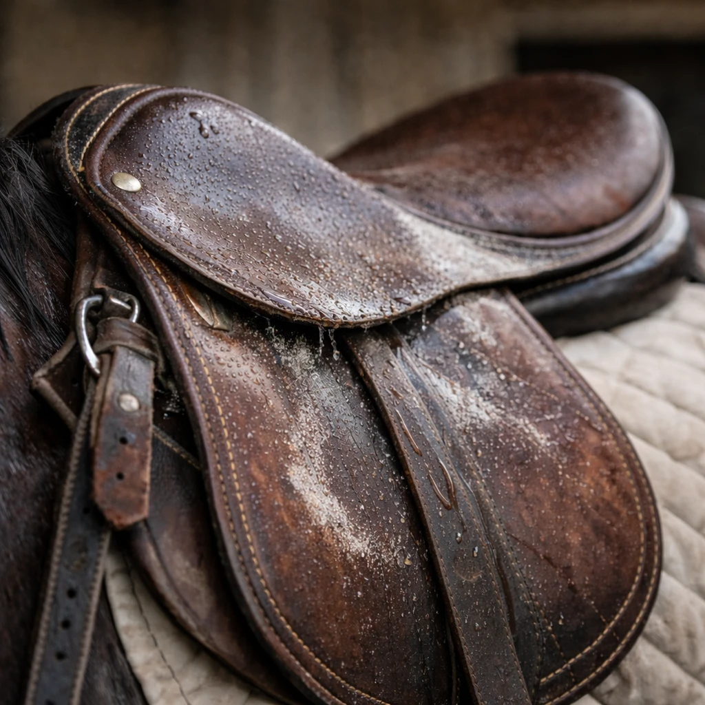 Horse sweat on leather saddle